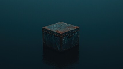 Obraz premium A weathered box floats serenely on dark water, evoking a sense of mystery and solitude in a tranquil environment.