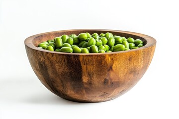 Wooden bowl filled with green olives
