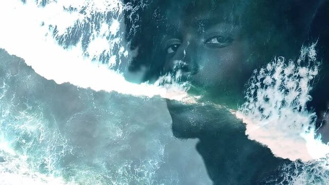 Double exposure effect combining a man's profile and ocean waves. Male model. Forward camera movement. Wow trends. Elegant man. A seductive guy. Generated AI.