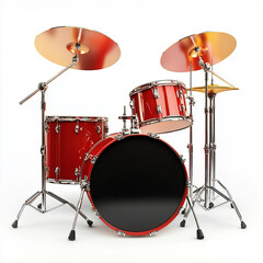 Professional red drum kit music instrument studio setup isolated white background 3d tom band beat bass drums metal shiny