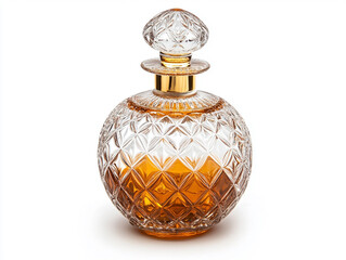 Elegant amber perfume bottle with crystal cut design on white background luxury aromatic fragrance in glass bottle cap