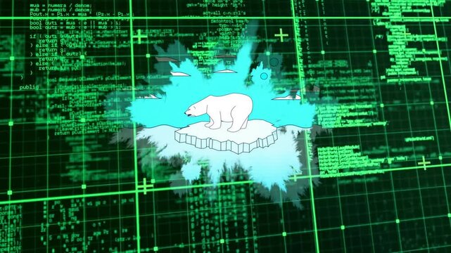 Polar bear floating on shifting ice floe, showing cyan splashes and glowing neon grid code overlays