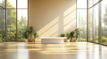 Fototapeta premium Modern minimalist interior with large windows, natural light, and greenery