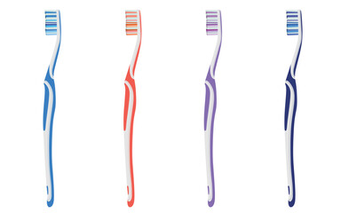 Four color toothbrush illustrations, dental care equipment clipart.