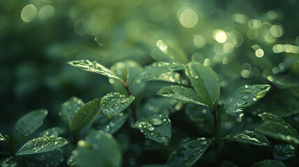Fototapeta premium Close-up of fresh green leaves with morning dew in natural soft sunlight