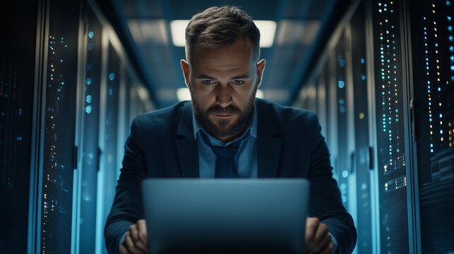 IT professional transferring data in server room, cybersecurity theme with clean digital background. Minimalist tech illustration. - Powered by Adobe