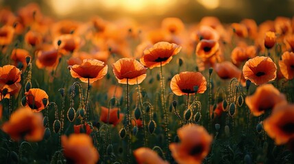 Obraz premium Vibrant orange poppies bloom in a vast field at sunset.