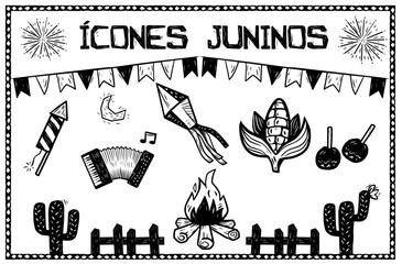 Woodcut-style illustration of "Icones Juninos" June festival icons: bonfire, accordion, fireworks, food, drinks, and flags from Brazil's traditional June festival.