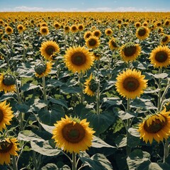 A field of sunflowers and blue sky on a white background