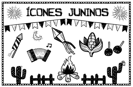 Woodcut-style illustration of "Icones Juninos" June festival icons: bonfire, accordion, fireworks, food, drinks, and flags from Brazil's traditional June festival.