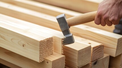 Carpenter Using Hammer on Wooden Beams