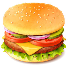 A highly realistic vector illustration of a hamburger featuring melted cheese, fresh tomato slices, crisp lettuce, a juicy beef patty, and a sesame seed-topped bun.