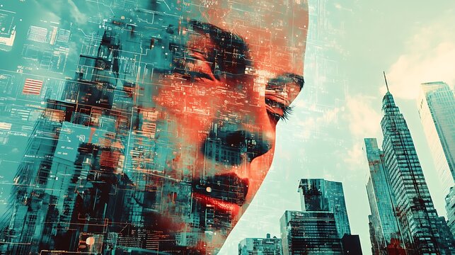 Digital city blends with a thoughtful human face. - Powered by Adobe