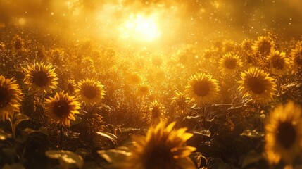 Fototapeta premium Golden sunflower field bathed in radiant morning sunlight.