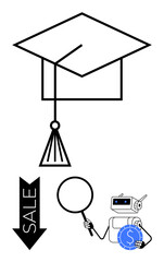 Graduation cap, robot holding magnifying glass and coin, downward sales arrow. Ideal for education, AI, technology, finance, discount analysis innovation. Flat simple metaphor