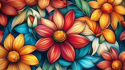 Vibrant floral arrangement with multicolored blossoms and stylized foliage