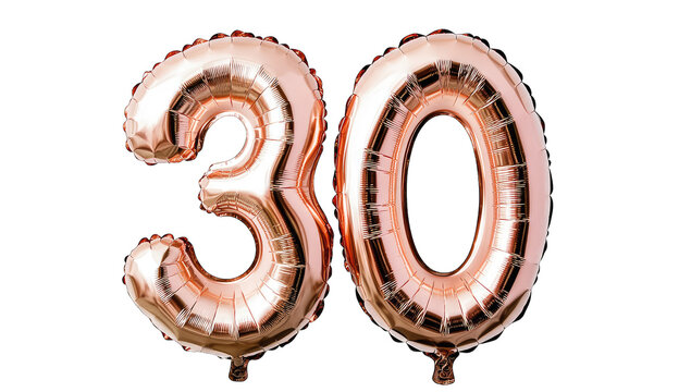 large shiny rose gold balloons shaped like the numbers 3 and 0 symbolizing the celebration of a 30th birthday or anniversary