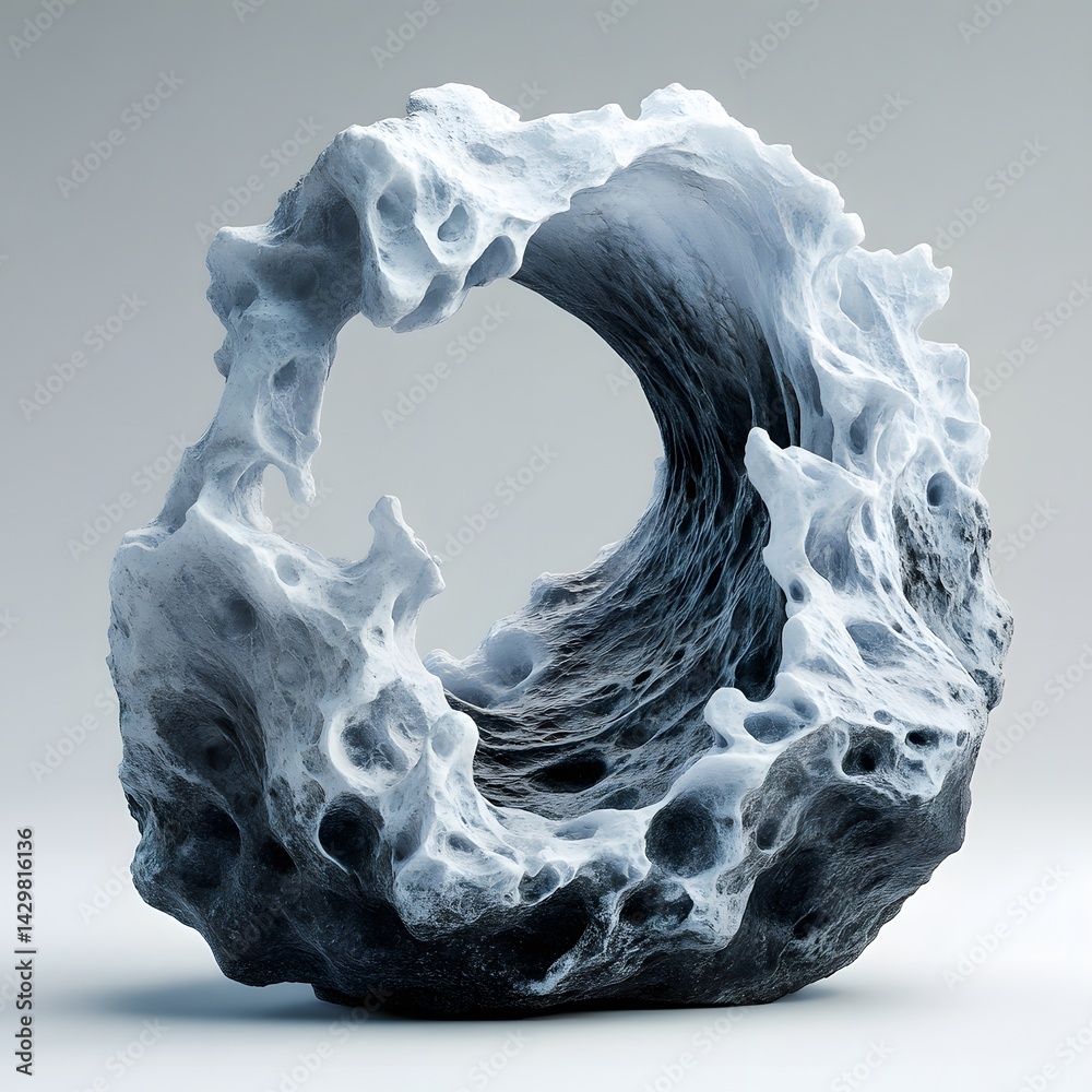 Poster a porous, toroidal structure exhibits a gradient from dark gray to white, evoking a frozen or eroded
