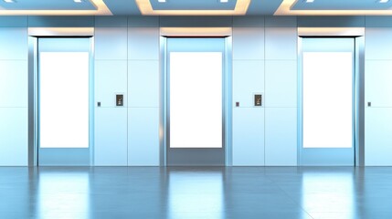 Modern, light-blue elevator bank in a contemporary building.