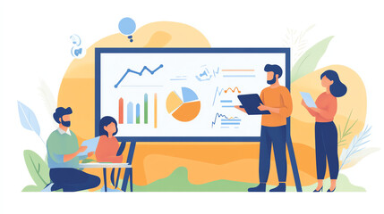 Business Team Presenting Data Charts on Whiteboard