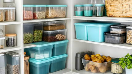 Pantry Perfection: Organized Storage of Dry Goods in Clear Containers on White Shelves