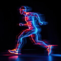 Fototapeta premium A dynamic digital illustration of a running figure, highlighted with vibrant neon colors and motion blur. Muscles and skeletal structures are visible, conveying speed and athleticism
