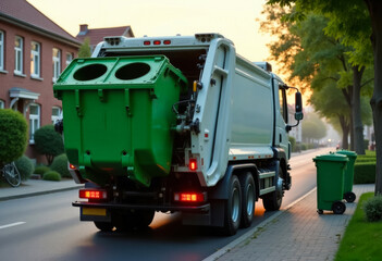 garbage truck with green sign for waste and recycling on city street at sunset, recycling concept