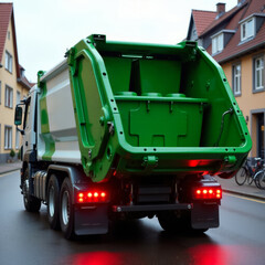 green and white garbage truck on city street, waste recycling concept