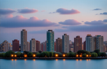 Obraz premium A skyline at dusk, with tall structures silhouetted against a pastel sky. A body of water reflects the lights and colors of the city. The setting suggests calm and tranquility.