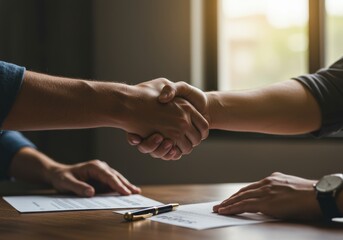 Handshake over Desk Documents Near Sunlit Window