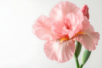 Delicate pink iris flower studio shot, isolated on white background, for a romantic or spring aesthetic