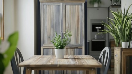 Fototapeta premium Rustic wooden dining set in a bright kitchen.