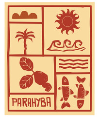 Illustration of "Parahyba" icons, including sun, waves, palm tree, mountains, cashew fruit, and fish. A tribute to Northeastern Brazilian culture and nature.