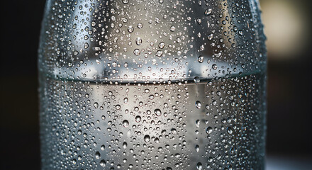 Refreshing Hydration Captured: Glass Bottle Adorned With Water Droplets Displayed