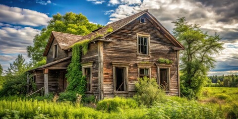 Fototapeta premium Abandoned wooden house with overgrown vegetation and broken windows in a ghost town, overgrown, house, overgrown