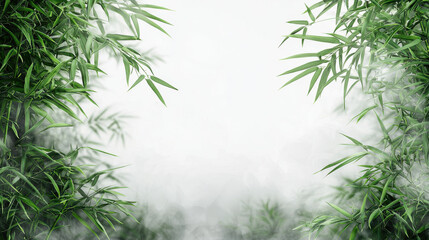 Fototapeta premium Green bamboo leaves with misty white background, serene and copy space