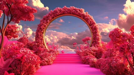Surreal Pink Floral Archway to Dreamlike Sunset Landscape