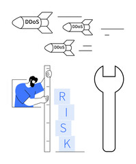 Missiles labeled DDoS flying toward a person holding a risk measurement tool next to stacked RISK blocks and a wrench. Ideal for cybersecurity, risk assessment, defense strategy, tech threat