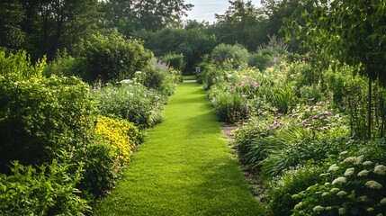 Obraz premium Serene Garden Path: Lush Greenery, Vibrant Blooms, Tranquil Landscape