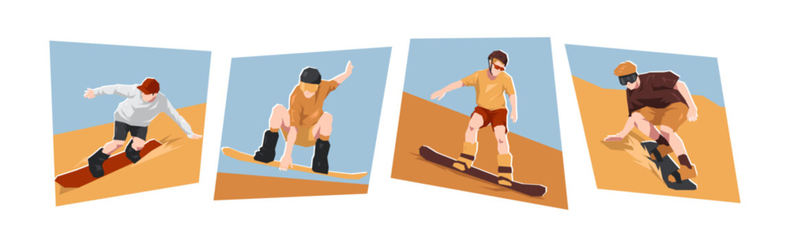 Male sandboarding player characters set. Flat cartoon vector illustration.