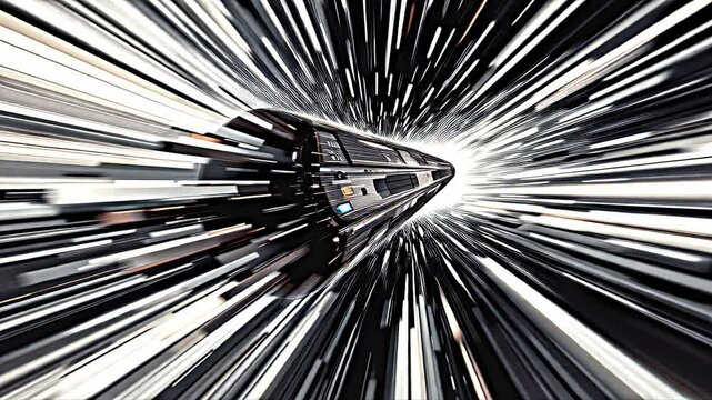 Geometric shapes blur and stretch into elongated ribbons as an object surpasses the speed of light, the surrounding cosmos fractured and refracted through the warp.