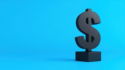 Obraz premium A stylized black dollar sign stands on a pedestal against a vibrant blue background, symbolizing finance and wealth.