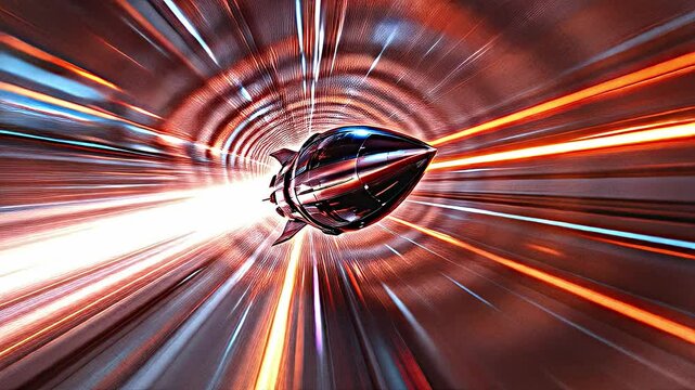 The forefront hurtles through a corridor of compressed reality, its metallic sheen reflecting the intense light distortions caused by its incredible velocity.