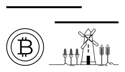 Bitcoin symbol aligned with a traditional windmill, wheat crops, and natural ground. Ideal for agriculture, technology, cryptocurrency, modern economy, renewable energy, rural development flat