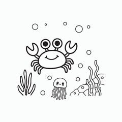 Cute Cartoon Carb- Coloring Book Style Underwater Scene for Kids.