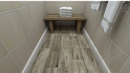 Obraz premium A serene minimalist bathroom interior with a wooden stool and soft towels