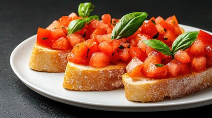 A plate of bruschetta topped with fresh tomatoes and basil, showcasing vibrant colors and appetizing textures.