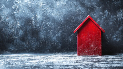 Red wooden house model on textured dark background copy space