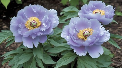 Three Lavender Peonies Blooming in Garden