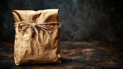 Brown paper bag tied with twine on rustic background copy space